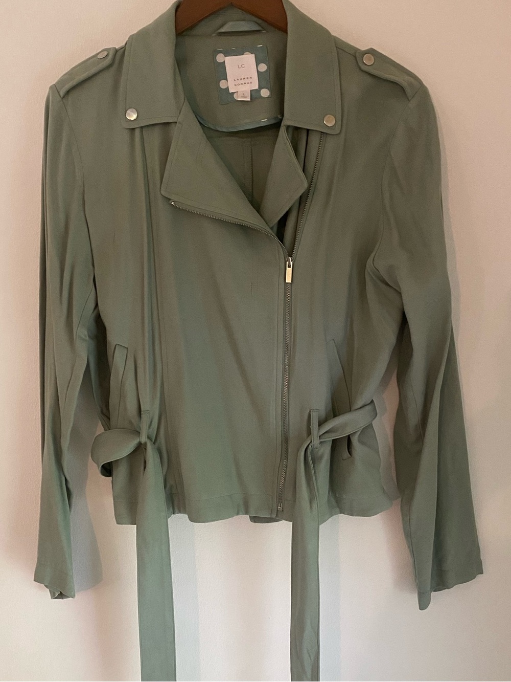 LC Lauren Conrad Light Sage Utility Moto Jacket with Tie Waist